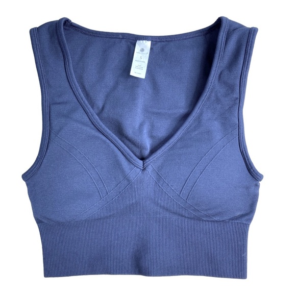 Yogalicious Seamless Peak Rib V-Neck Bra Crop Top Navy Padded (Size S) - Picture 1 of 6